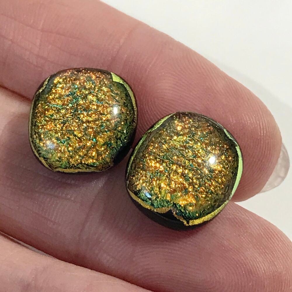 Vintage Orange Yellow Gold Foil Sun Dichroic Glass Pierced Earrings Post Stud